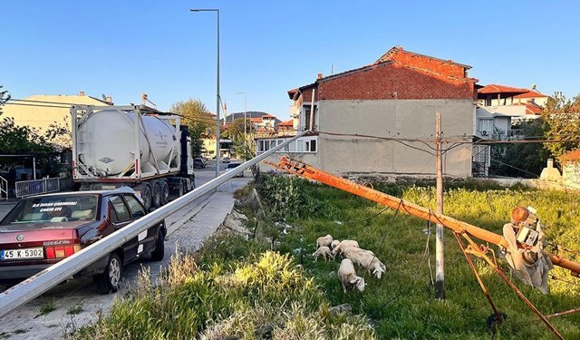 Tır kablolara takıldı.. Direkler devrildi