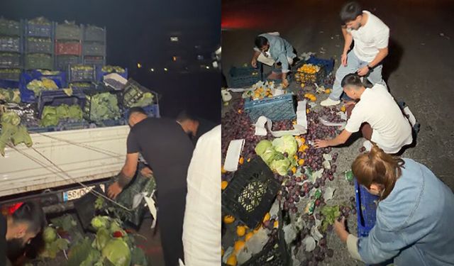 'İnsanlık' yere düşmedi, yola saçılan meyve ve sebzeleri vatandaşlar topladı