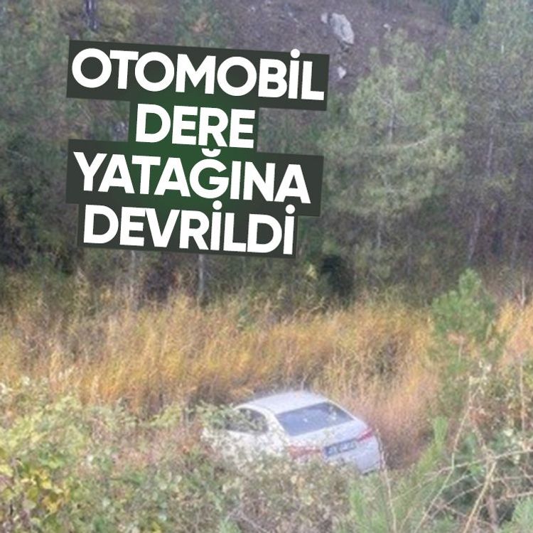 Otomobil dere yatağına devrildi