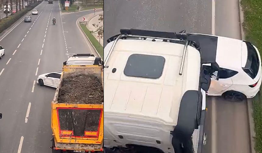 Kamyon önüne aldığı otomobili metrelerce sürükledi