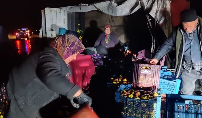 Kazada çevreye dağılan elmaları köy sakinleri topladı