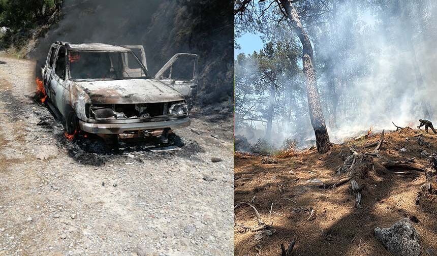 Seyir halindeki araçta çıkan yangın ormanlık alana sıçradı
