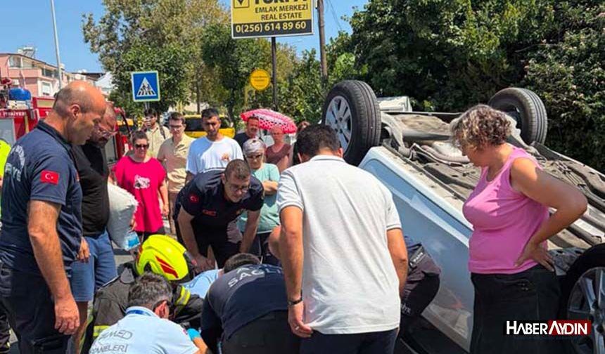 Kuşadası’ndaki kazada otomobil ters döndü