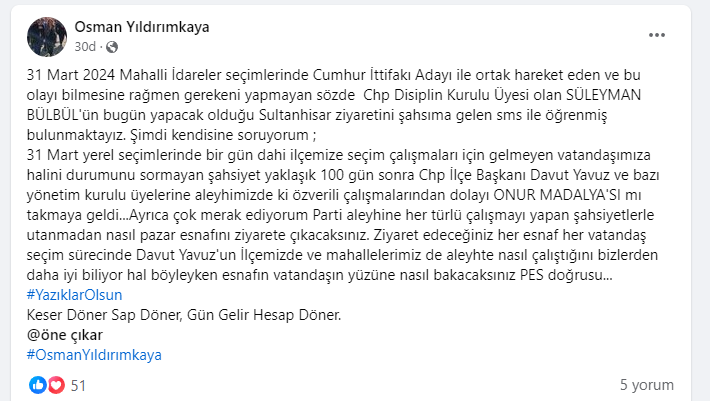 Chp’li Osman Yıldırımkaya’dan Chp Aydın Milletvekili Süleyman Bülbül’e Sert Sözler-1