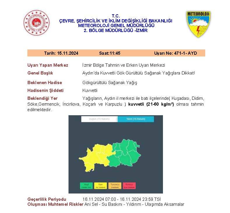 Aydın’a Sarı Kodlu Meteorolojik Uyarı