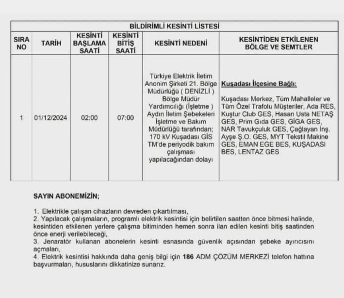 Aydın’da 1 Aralık’ta Bir Ilçenin Tamamında Elektrikler Kesilecek-1