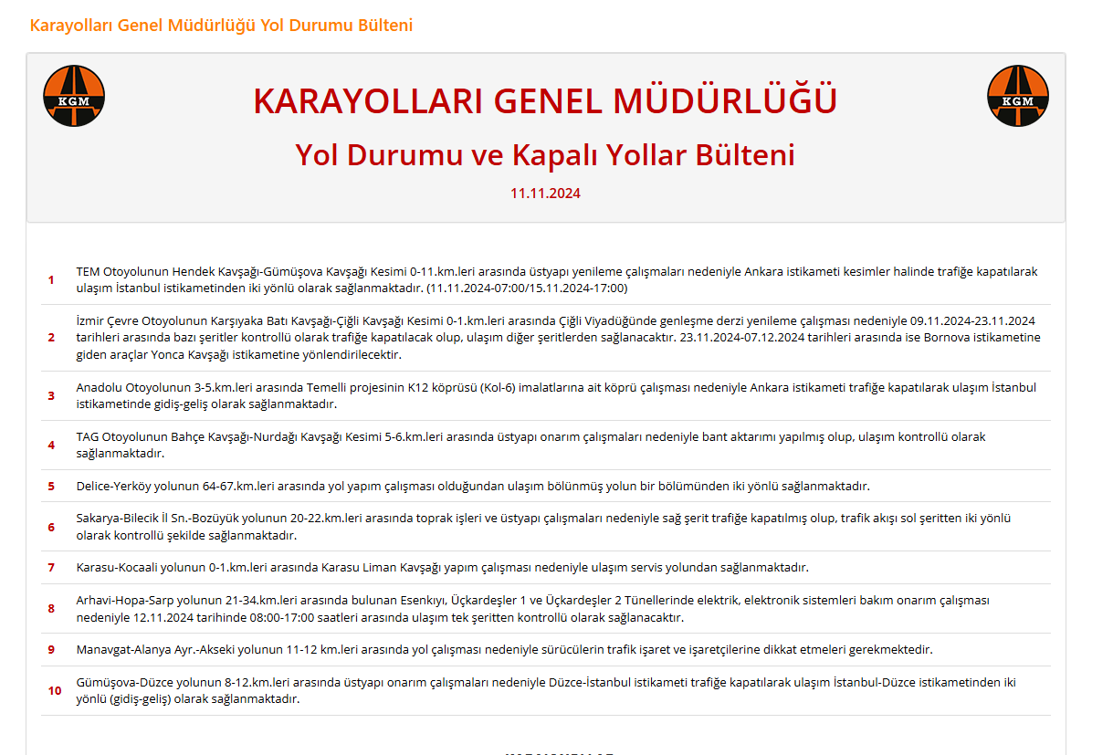 Yola Çıkacaklar Dikkat! Karayolları Genel Müdürlüğü Duyurdu-1