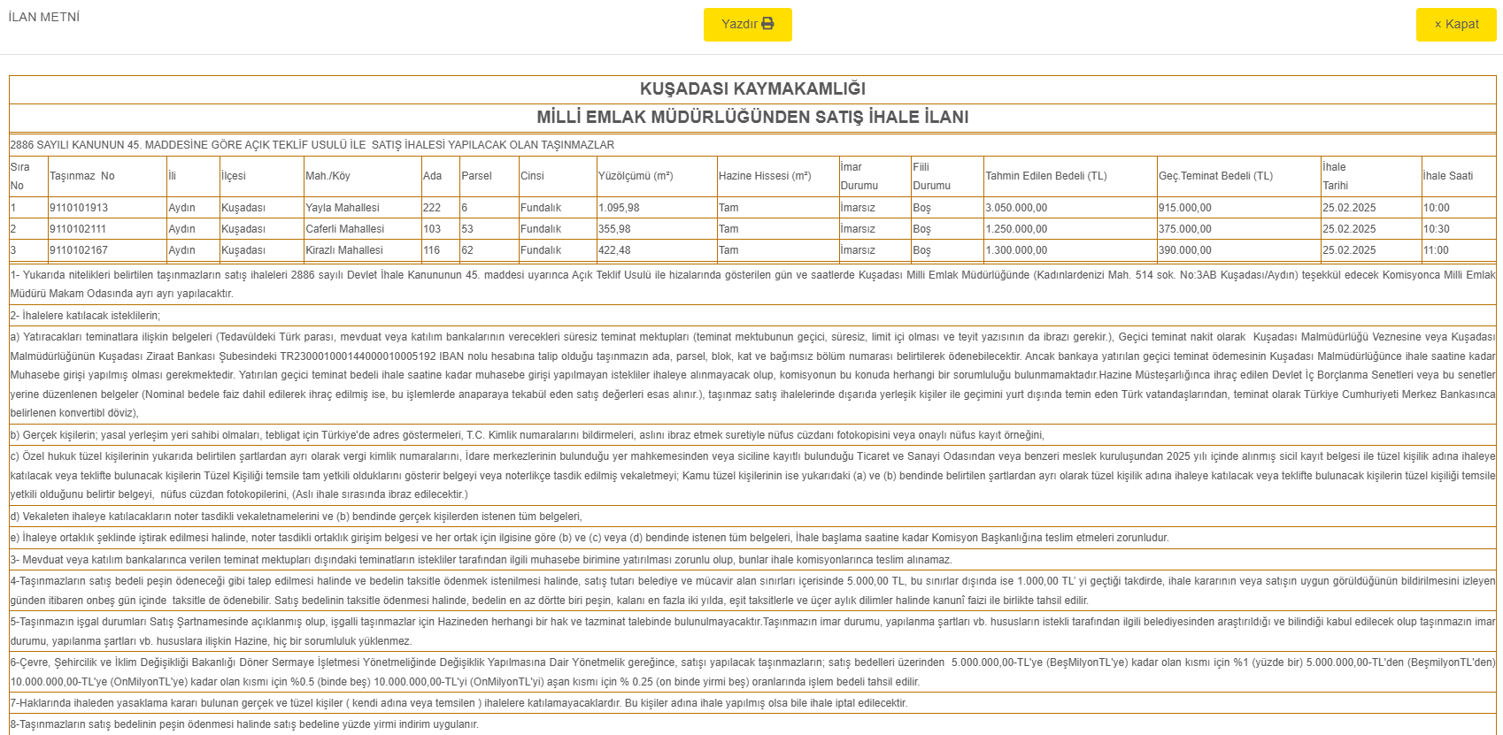 Aydın’da Hazine Arazileri Satışa Çıkıyor 1
