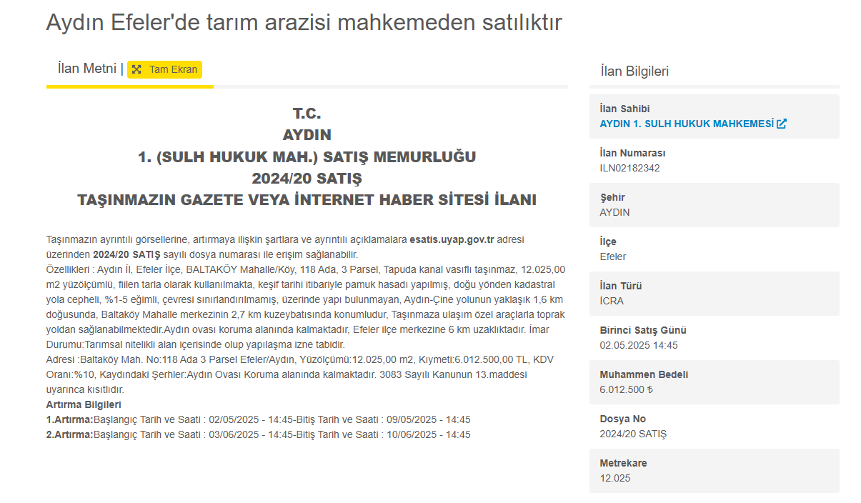 Aydın’da Mahkemeden Satılık 12 Dönüm Tarla-1