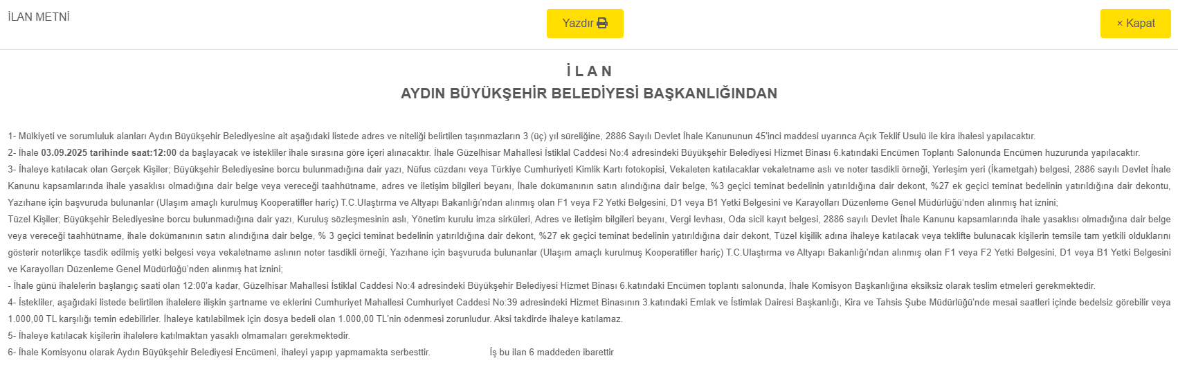 Aydın Büyükşehir Belediyesi 27 Taşınmazı Kiraya Veriyor-1