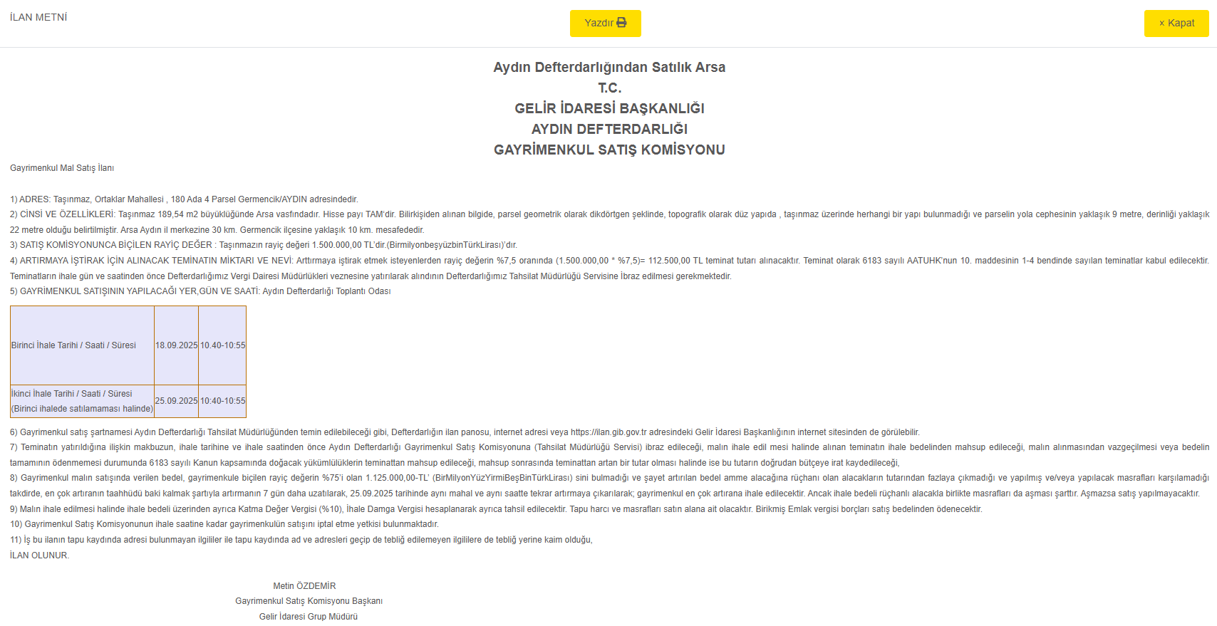 Aydın Defterdarlığı Arsayı Satışa Çıkardı, Rayiç Bedel 1.5 Milyon Lira-1