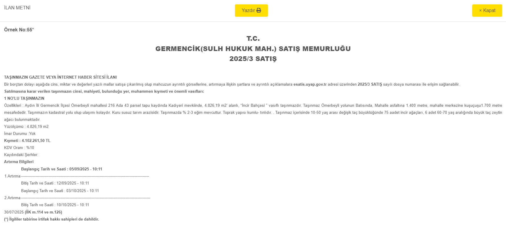 Aydın’da 4,8 Dönümlük Incir Bahçesi Icradan Satışta.. İşte Fiyatı Ve Detaylar-1