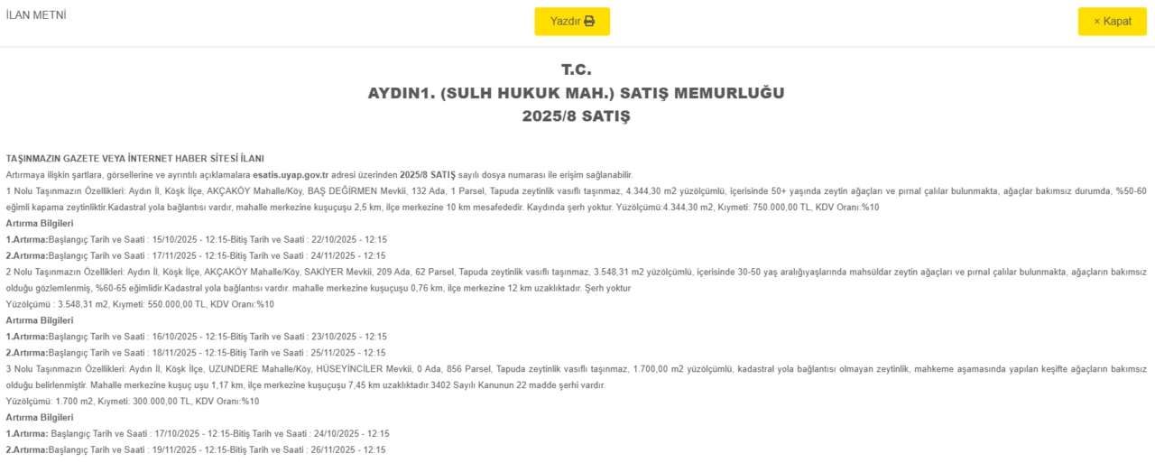 Aydın’da 750, 550 Ve 300 Bin Liraya Icradan Zeytinlikler Satışa Çıktı-1