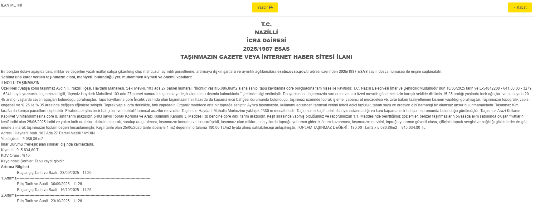 Aydın’da 915 Bin Liraya 5 Bin M² Incirlik Arazi Icradan Satışa Çıkıyor! İşte Detaylar-1