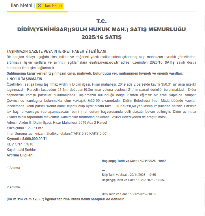 Aydın’da 350 Metrekare Mahkemeden Satışa Çıktı-1