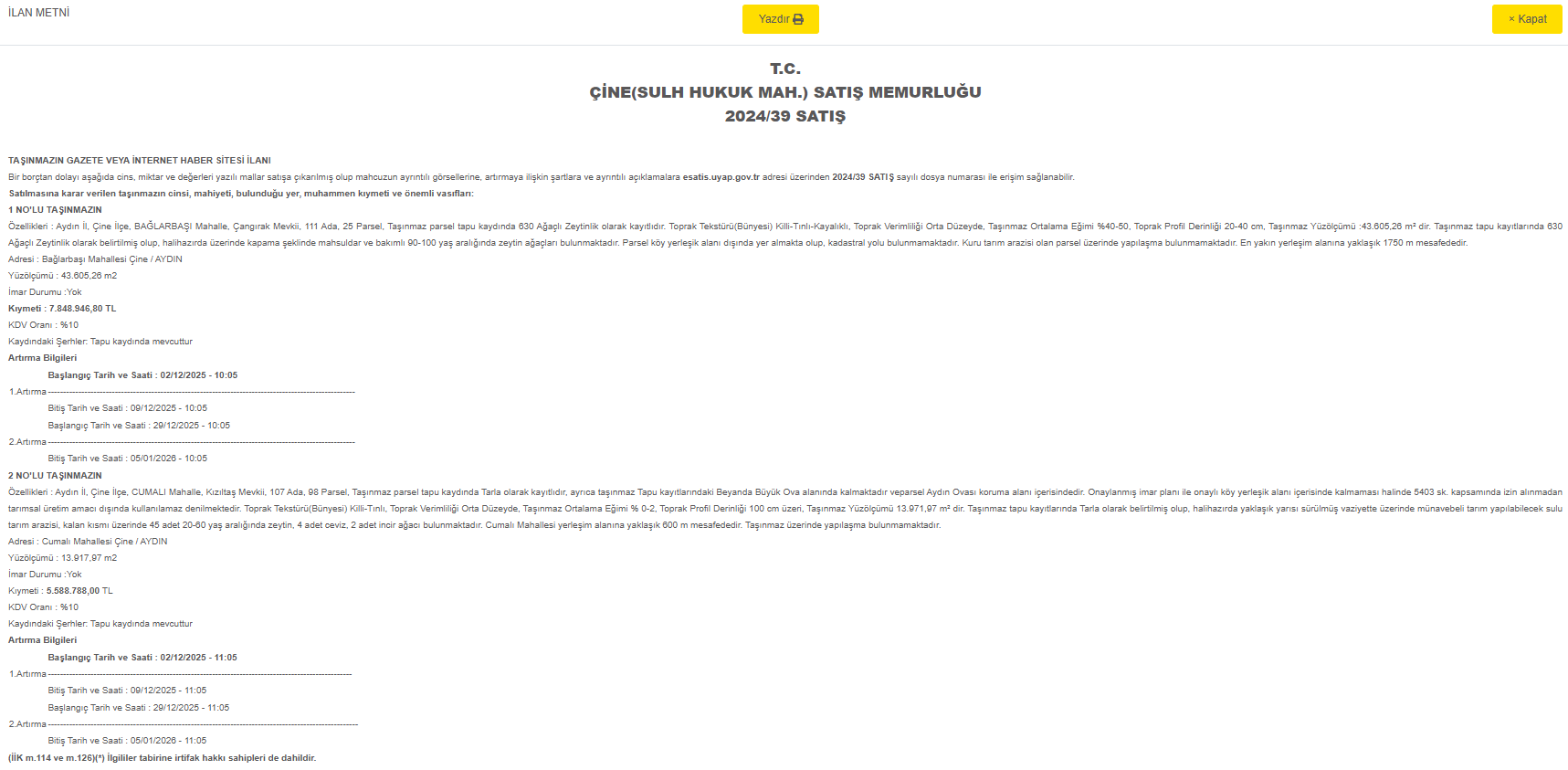 Aydın’da 57 Bin M² Zeytinlik Ve Tarla Mahkeme Kararıyla Satışa Çıkıyor-1