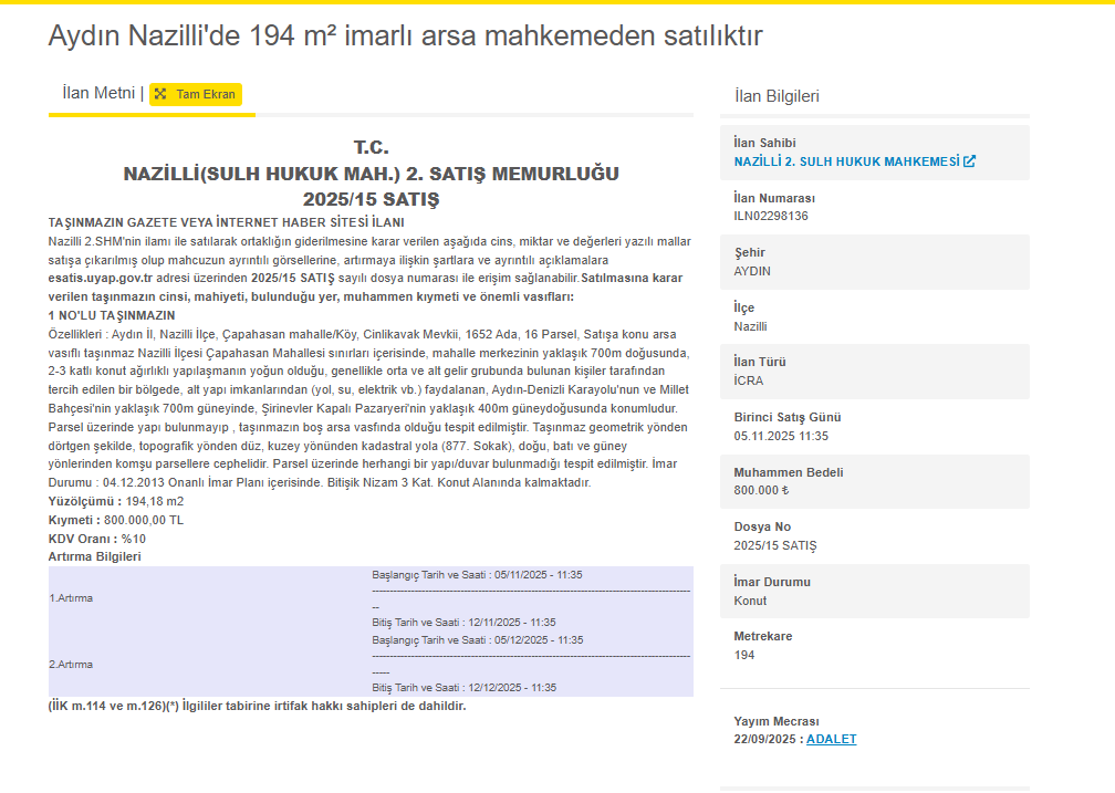 Aydın’da 800 Bin Liraya Mahkemeden Satılık Arsa-1