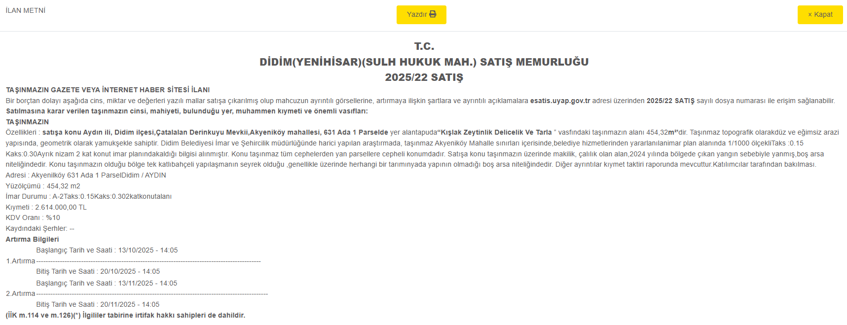 Aydın’da Imarlı Arsa Satışa Çıktı, Mahkeme Yoluyla Satılacak-1