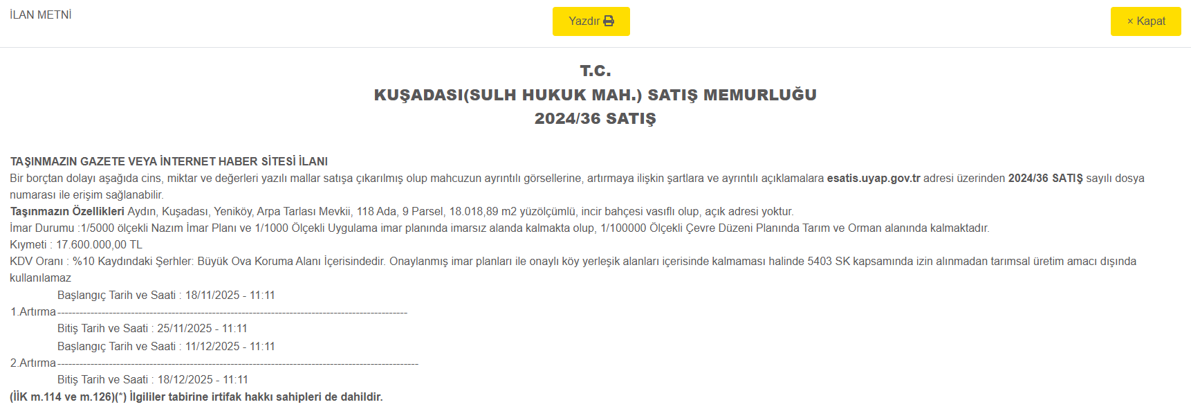 Aydın’da Incir Bahçesi Icradan Satışa Çıktı-1