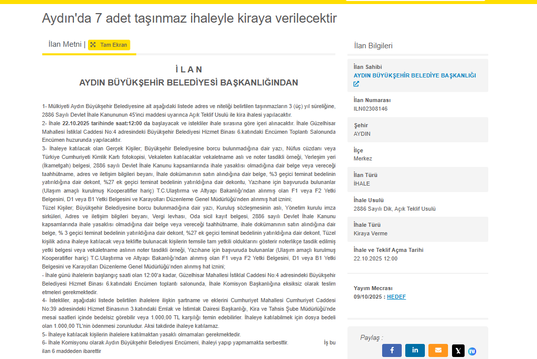 Aydın Büyükşehir Belediyesi’nden 7 Taşınmaz Için Kiralama Ihalesi-1