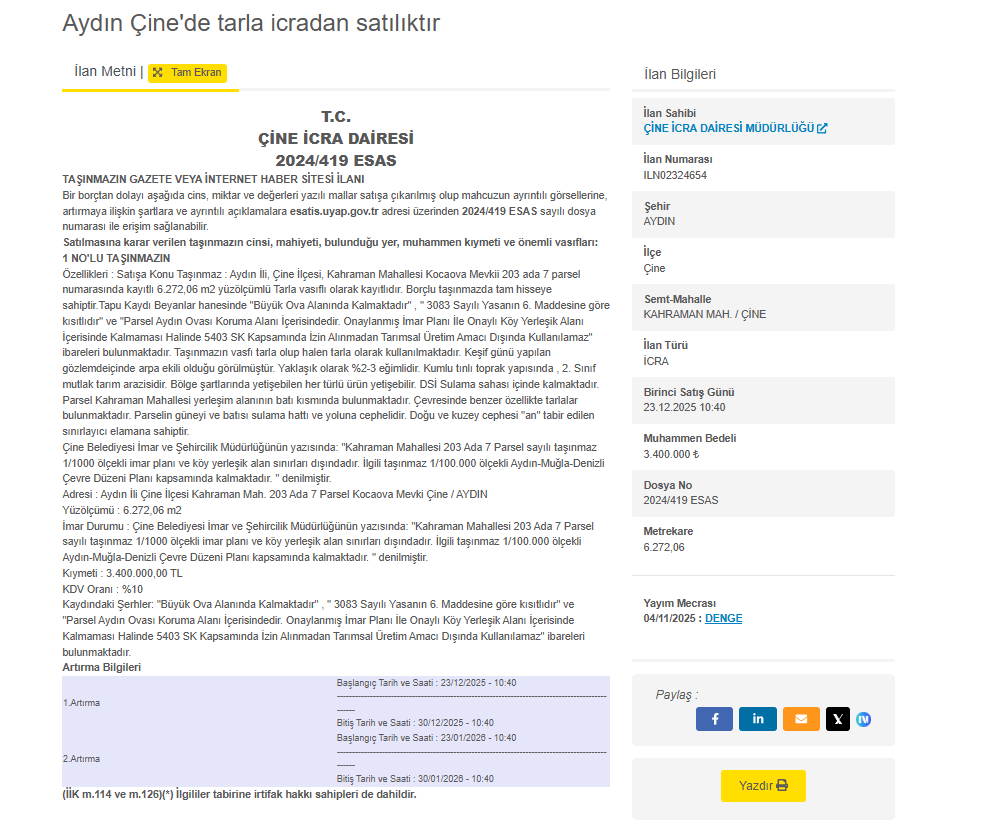 Aydın’da 6 Dönümlük Tarla Icradan Satışa Çıktı (1)-1