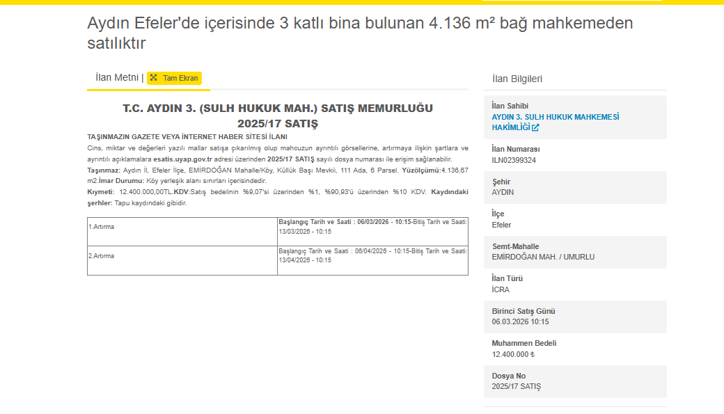 Aydın Efeler’de 4 Bin Metrekarelik Bağ Ve 3 Katlı Bina Mahkemeden Satışa Çıkarıldı (1)-1