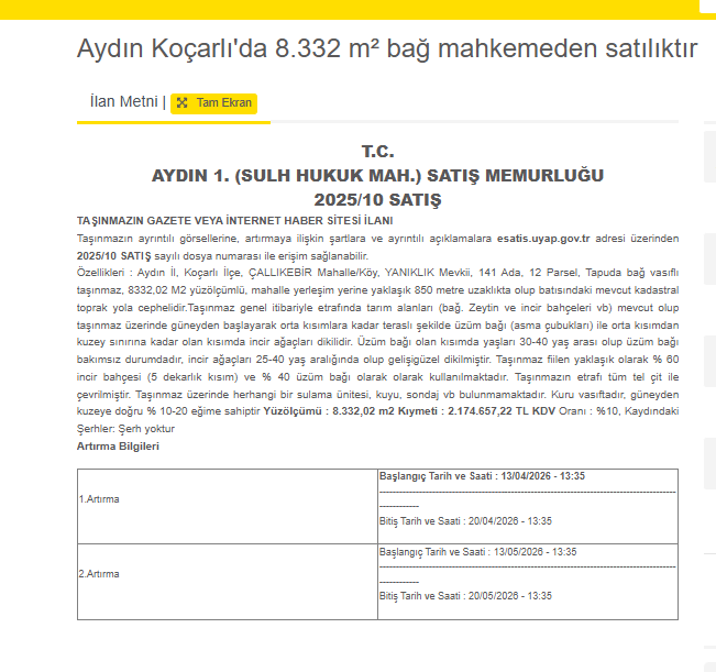 Aydın Koçarlı’da 8,3 Dönümlük Bağ Ve Incir Bahçesi Mahkemeden Satışa Çıkarıldı (1)-1