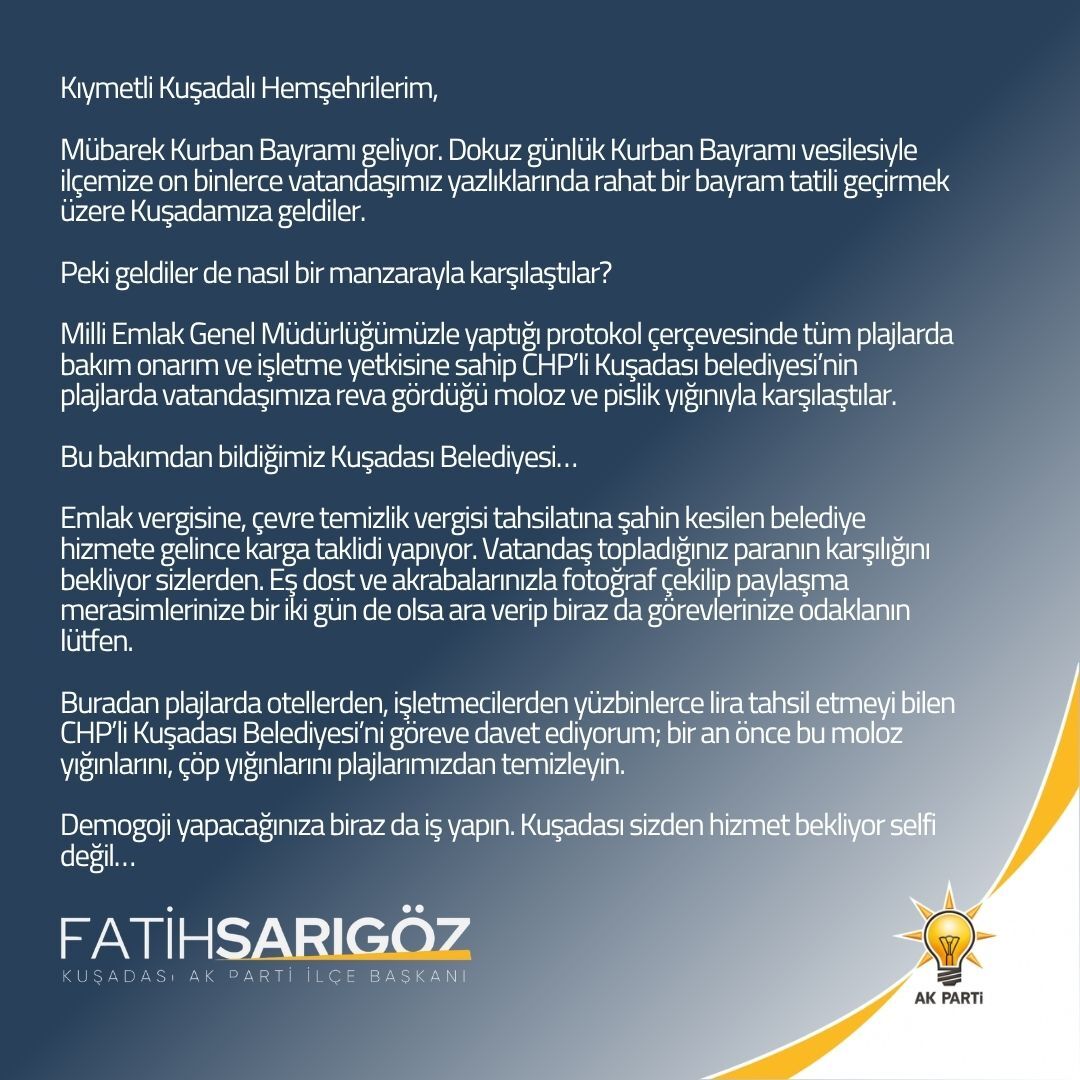 Ak Parti Kuşadası İlçe Başkanı Sarıgöz’den Kuşadası Belediyesi’ne Sert Tepki (1)