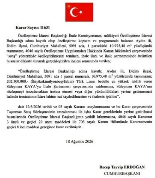 Didim’de Dev Satış Onaylandı 294.5 Milyon Liralık Özelleştirme Resmi Gazete’de (2)-1